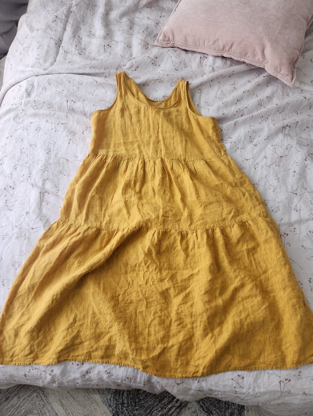 eileen fisher yellow linen tiered midi shift dress medium